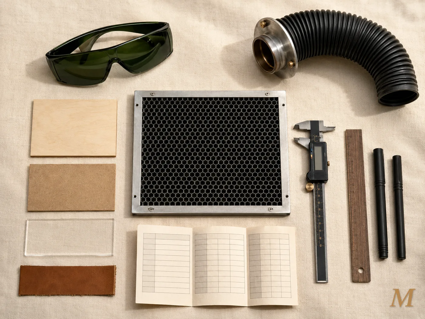 Kit accessori essenziali per il primo laser hobby: occhiali OD verdi, ventola di estrazione fumi con tubo, tappeto a nido d'ape, lastrine di legno e MDF, calibro digitale, righello, pennarelli, schede parametri