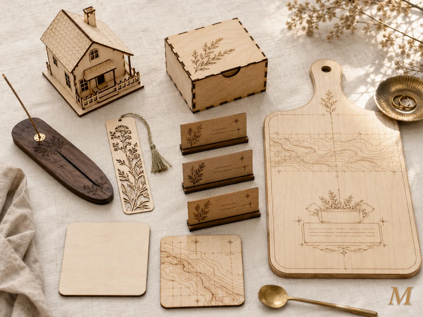 Selezione di progetti laser su legno: tagliere inciso con motivo botanico, scatola in legno con coperchio decorato, segnalibro traforato, casetta architettonica in compensato, sottobicchieri con disegni geometrici