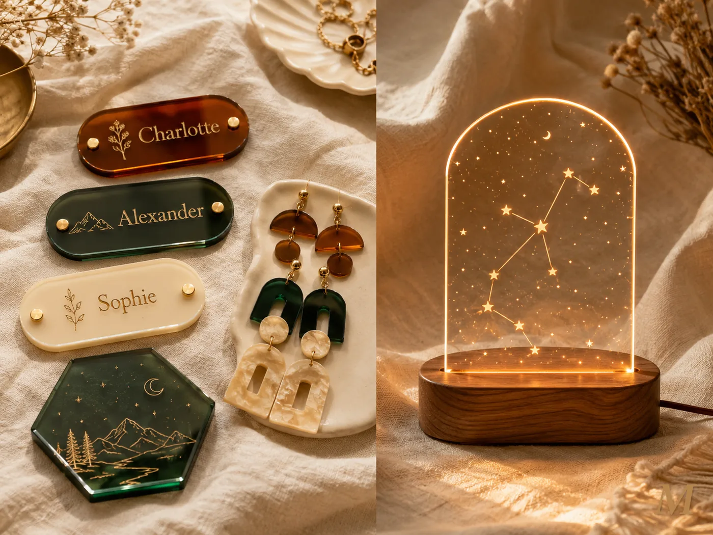 Lavori in acrilico: targhette colorate con nomi e illustrazioni, orecchini geometrici, sottobicchiere esagonale verde, e lampada led-edge con costellazione incisa accesa di luce ambra