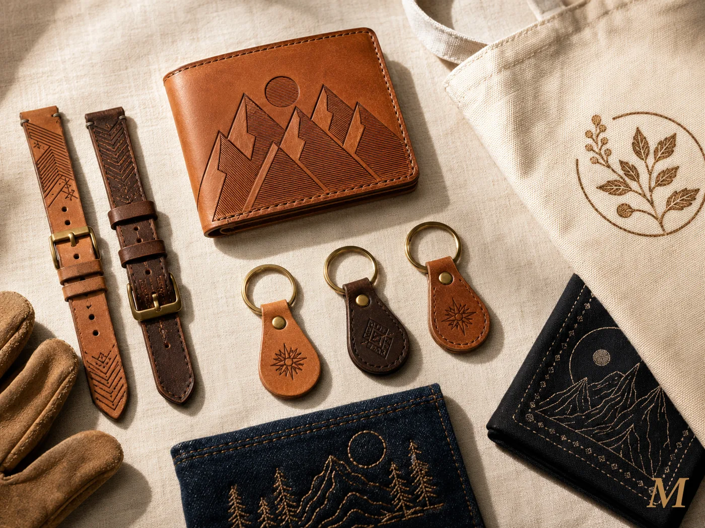 Progetti laser su pelle e tessuto: portafogli con pattern montagne inciso, fasce orologio in pelle vegetale, portachiavi monogrammati, tasca jeans con illustrazione, tote bag in canvas con logo botanico, bandana nera con grafica