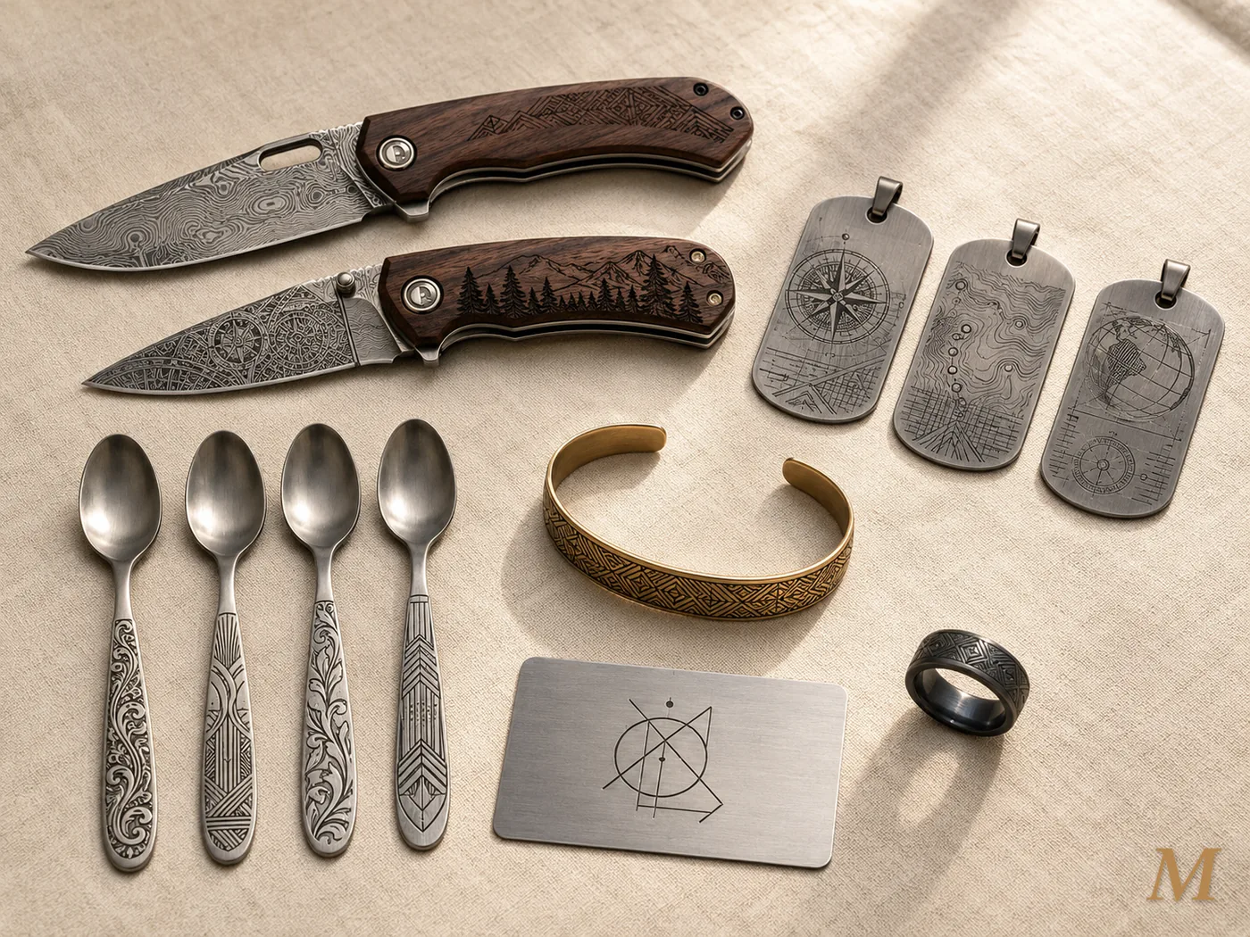 Lavorazioni laser su metallo: due coltelli pieghevoli con lama incisa damascata e impugnatura in legno, tre dog tag in acciaio con compass, mappa topografica e globo, quattro cucchiaini incisi con motivi diversi, bracciale in ottone con pattern geometrico, anello in titanio nero, business card in acciaio