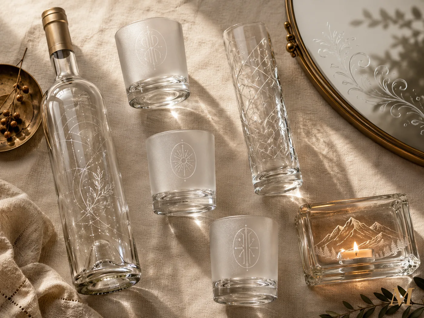 Lavorazioni laser su vetro: bottiglia di vino chiara con incisione di costellazioni e botanica, bicchieri tumbler con monogrammi smerigliati, vaso cilindrico con pattern geometrico, specchio con dettagli ornamentali, portacandele in vetro spesso con silhouette di montagne illuminata da candela accesa