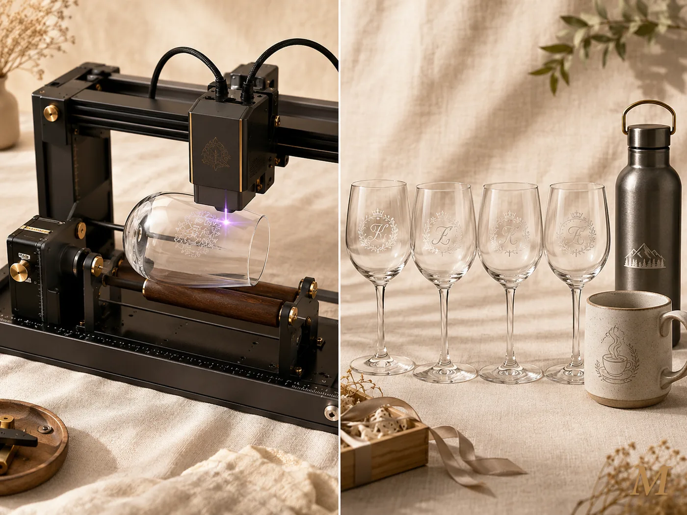 Setup laser con rotary attachment in azione su un bicchiere mentre il fascio incide il pattern, e set finito di quattro calici da vino con monogrammi diversi più borraccia in alluminio anodizzato e tazza ceramica con grafica caffè