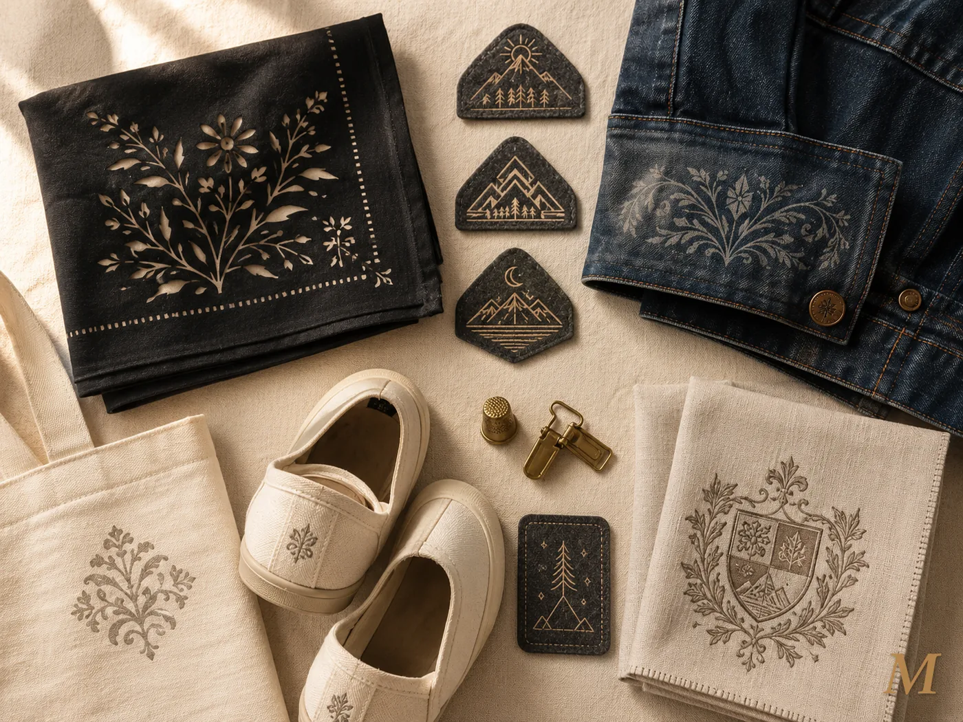 Lavorazioni laser su tessuti: bandana nera con motivo botanico inciso, tre patch in feltro con illustrazioni di montagne, jeans con cuff incisa con pattern vintage, tote bag in canvas con logo, scarpe slip-on con monogramma, tovaglioli in lino con stemma di famiglia