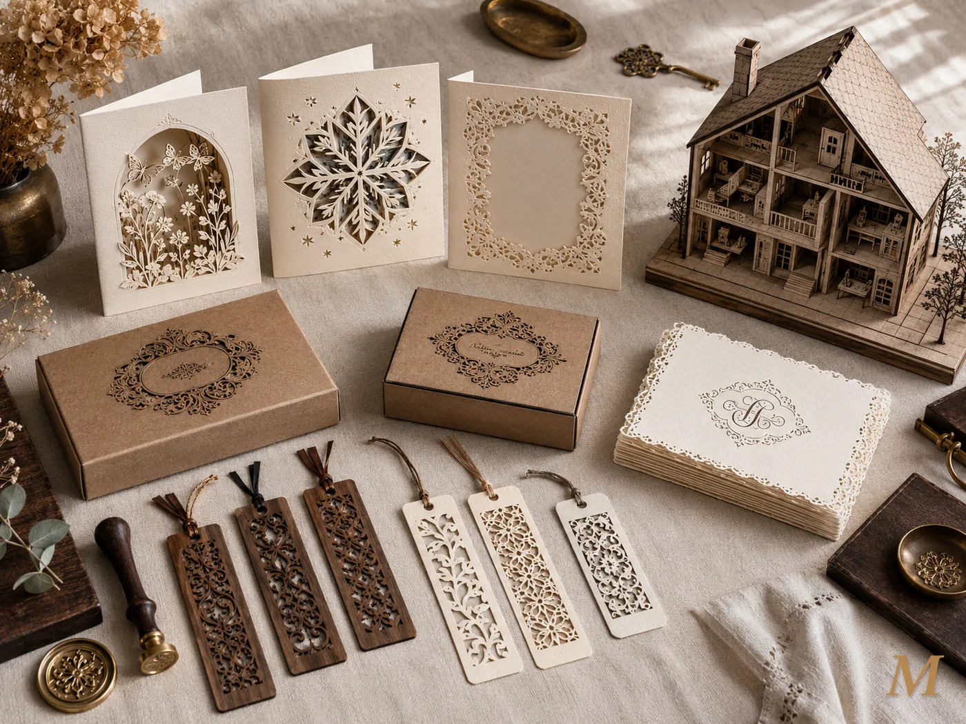 Lavori laser su carta e cartone: tre biglietti d'auguri con tagli sagomati intricati, due scatole packaging in cartone kraft con etichette decorate, pila di inviti matrimonio in cartoncino avorio con bordo merlettato, sei segnalibri con filigrane intarsiate in legno e carta, modello architettonico di casa multistrato in chipboard