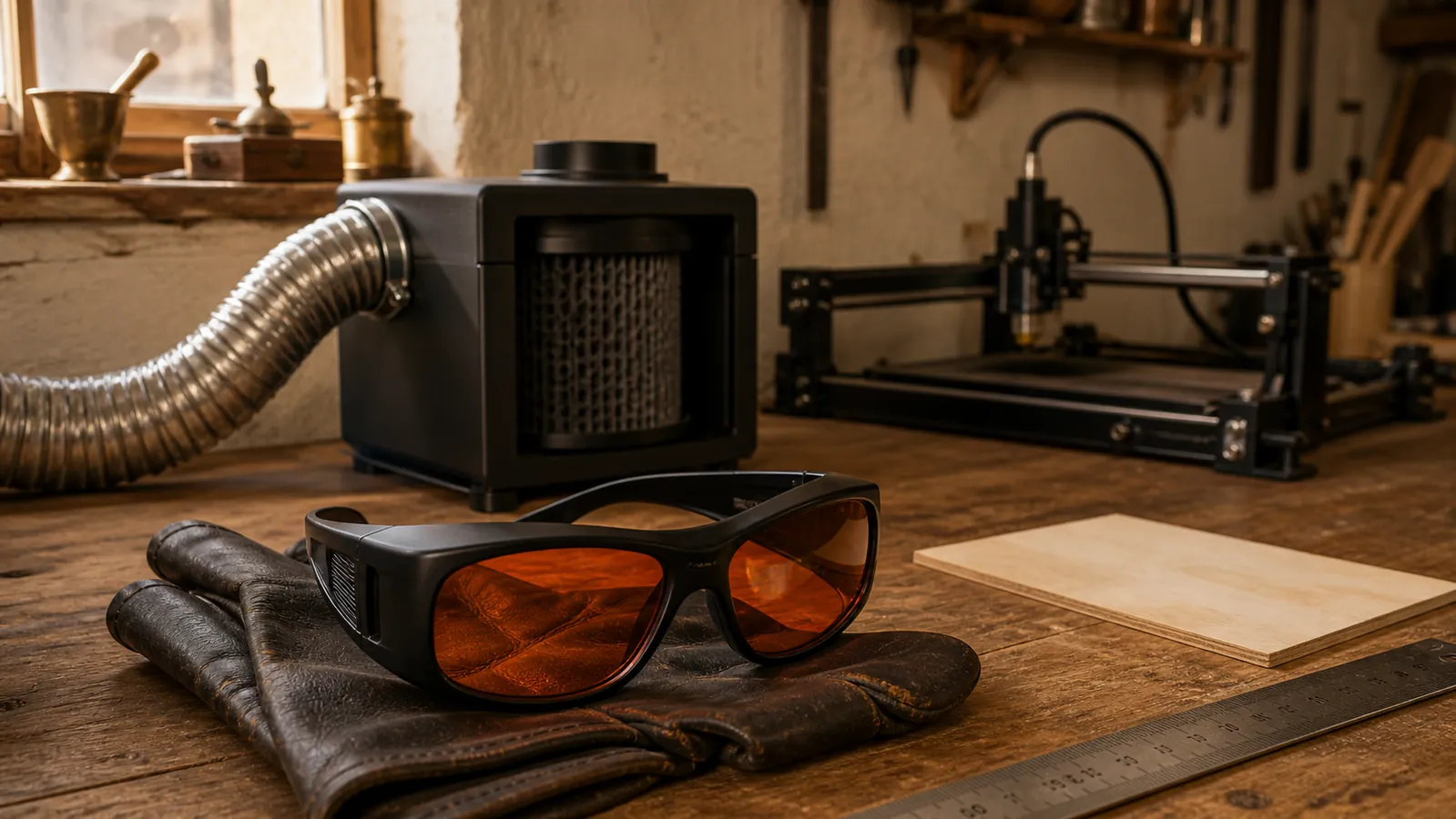 Setup di sicurezza laser hobby: occhiali con lenti arancioni OD certificati, guanti in pelle, estrattore fumi con filtro a carbone attivo, macchina laser sullo sfondo