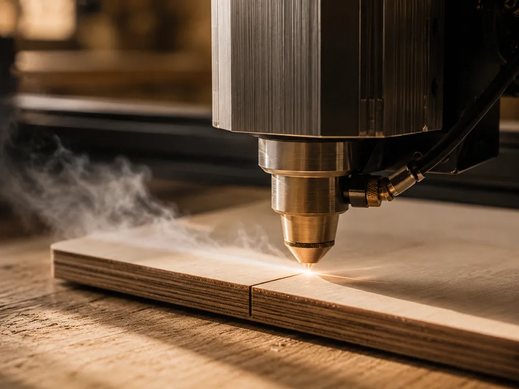Ugello air assist di un modulo laser a diodo che soffia aria sul punto di taglio di un pannello di compensato di betulla, con il fumo allontanato dalla linea di taglio