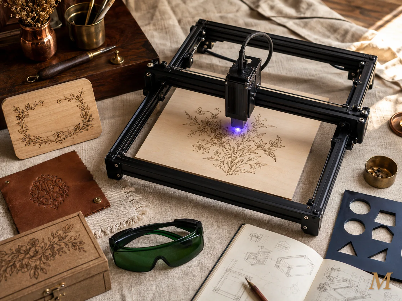 Laser a diodo open-frame in alluminio nero con modulo blu acceso che incide un pannello di legno chiaro con motivo botanico, accanto a campioni finiti (targhetta in legno, custodia in pelle vegetale incisa, scatola in legno con motivo floreale, taglio sagomato in cartoncino) e occhiali OD verde scuro