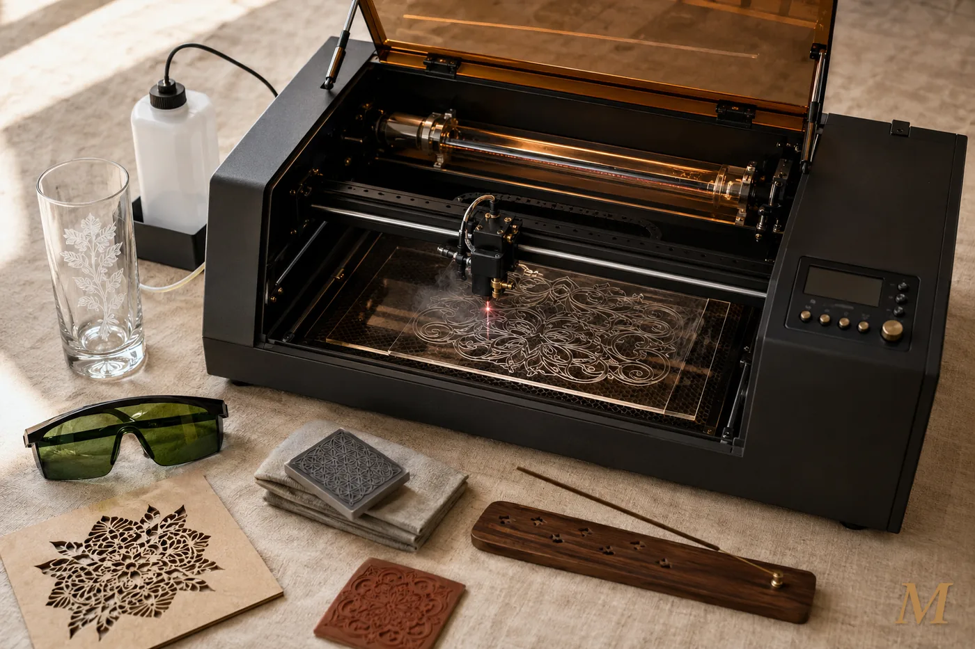 Laser CO2 enclosed con coperchio acrilico ambra rialzato, tubo di vetro visibile sul retro, fascio rosso che taglia un pannello di acrilico trasparente con motivo decorativo, accanto a campioni finiti (bicchiere alto con frosting botanico, panello con stampi gomma, supporto incenso in legno) e occhiali OD specifici per 10,6 micron