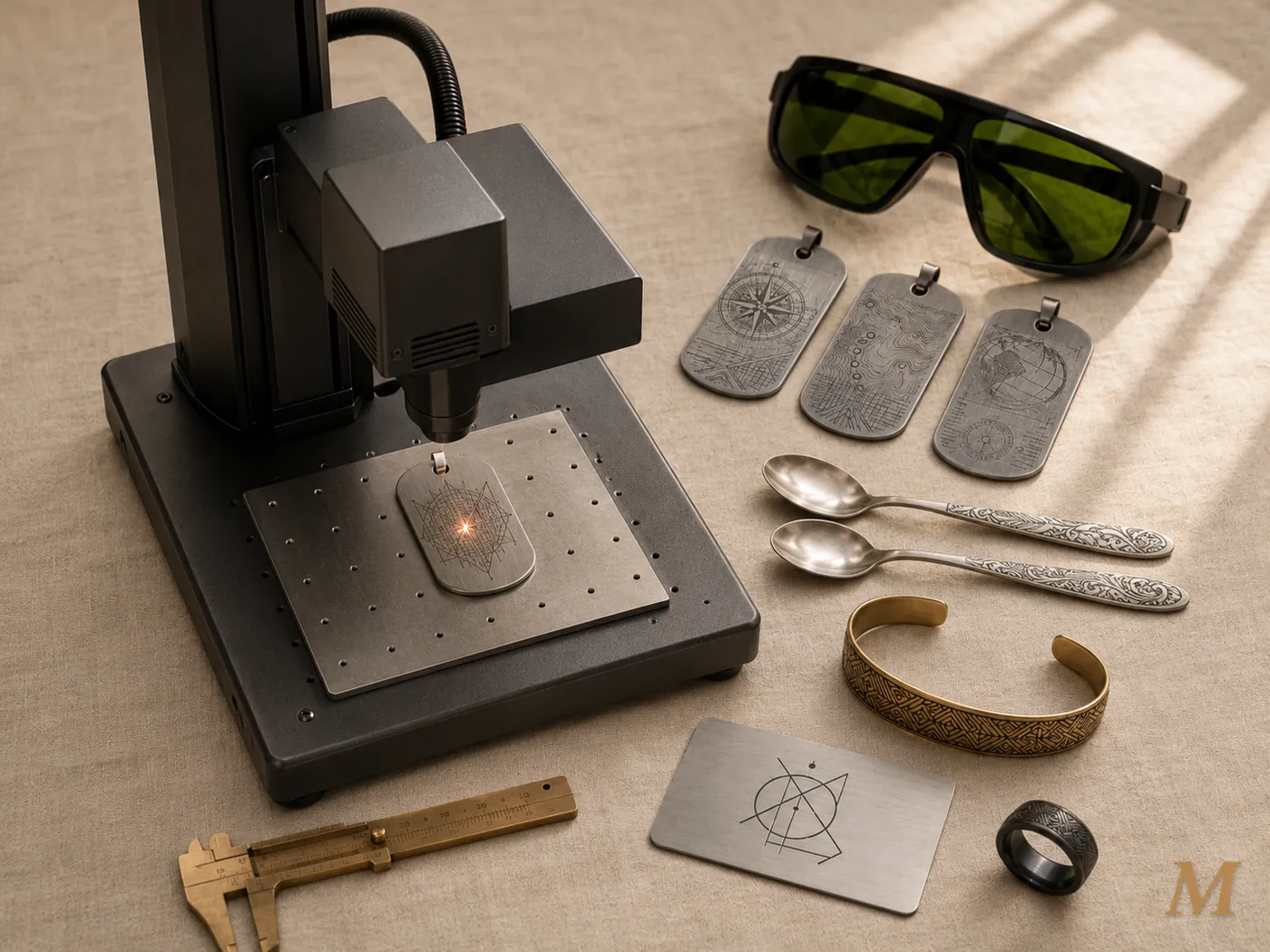 Laser a fibra compatto con testa galvo che incide un dog tag in acciaio inox, accanto a campioni finiti (tre dog tag con compass, mappa topografica e globo, due cucchiaini incisi, bracciale in ottone, anello in titanio nero, business card in acciaio) e occhiali OD specifici per 1064 nm
